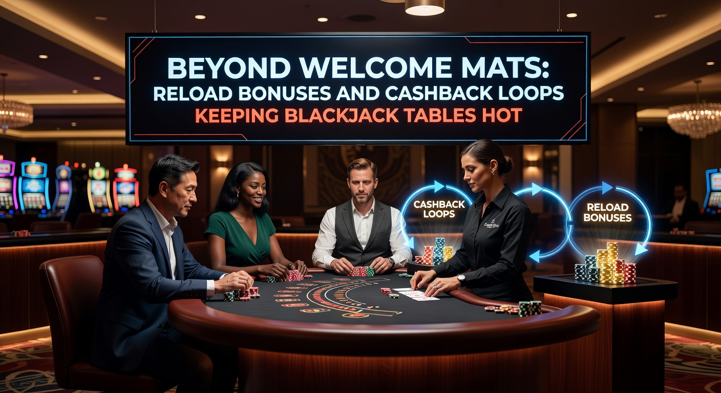 Vibrant blackjack table surrounded by glowing reload bonus and cashback icons, players engaged in action
