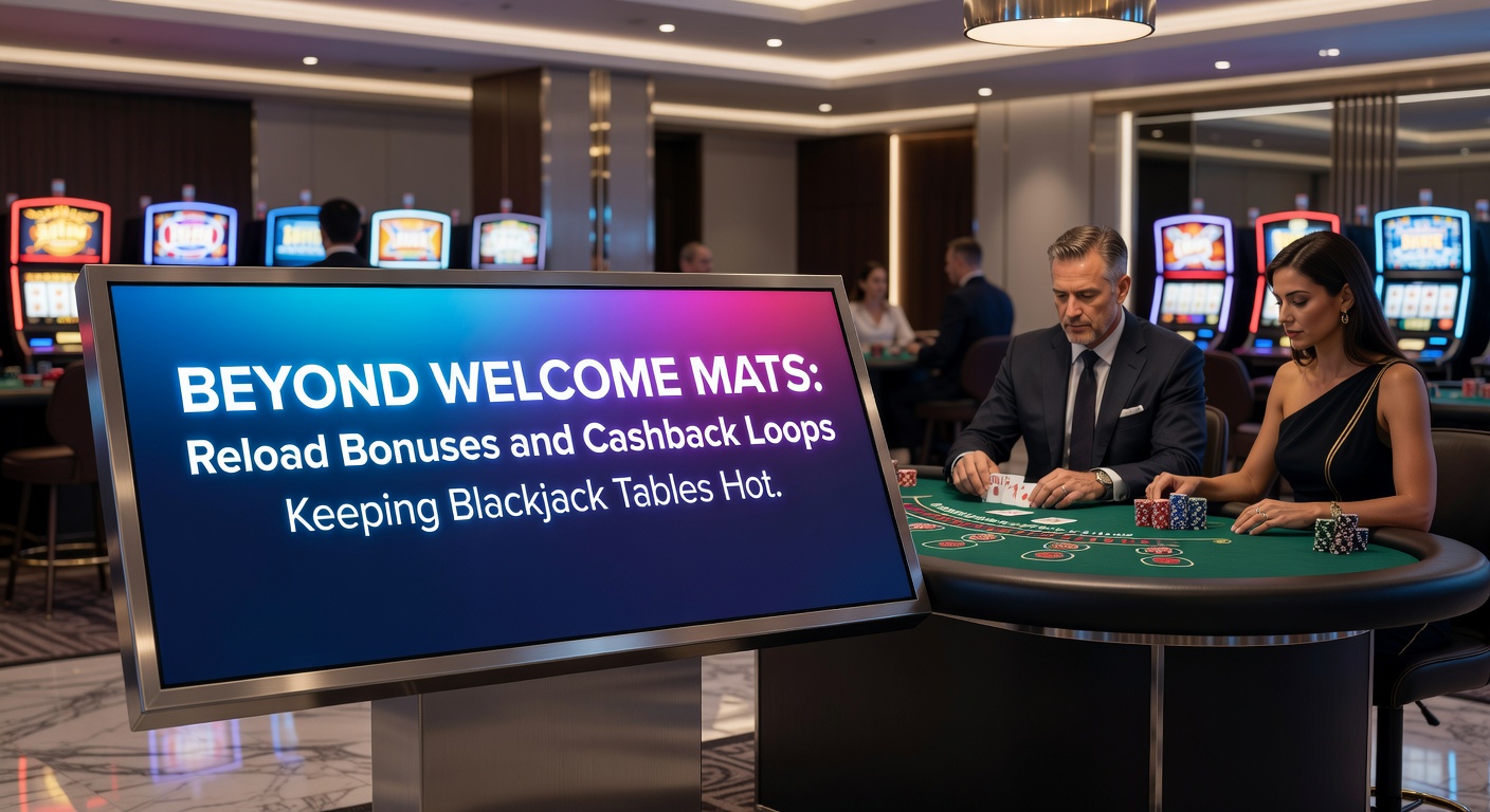 Digital display showing cashback rewards cascading into a blackjack hand, with reload meters filling up