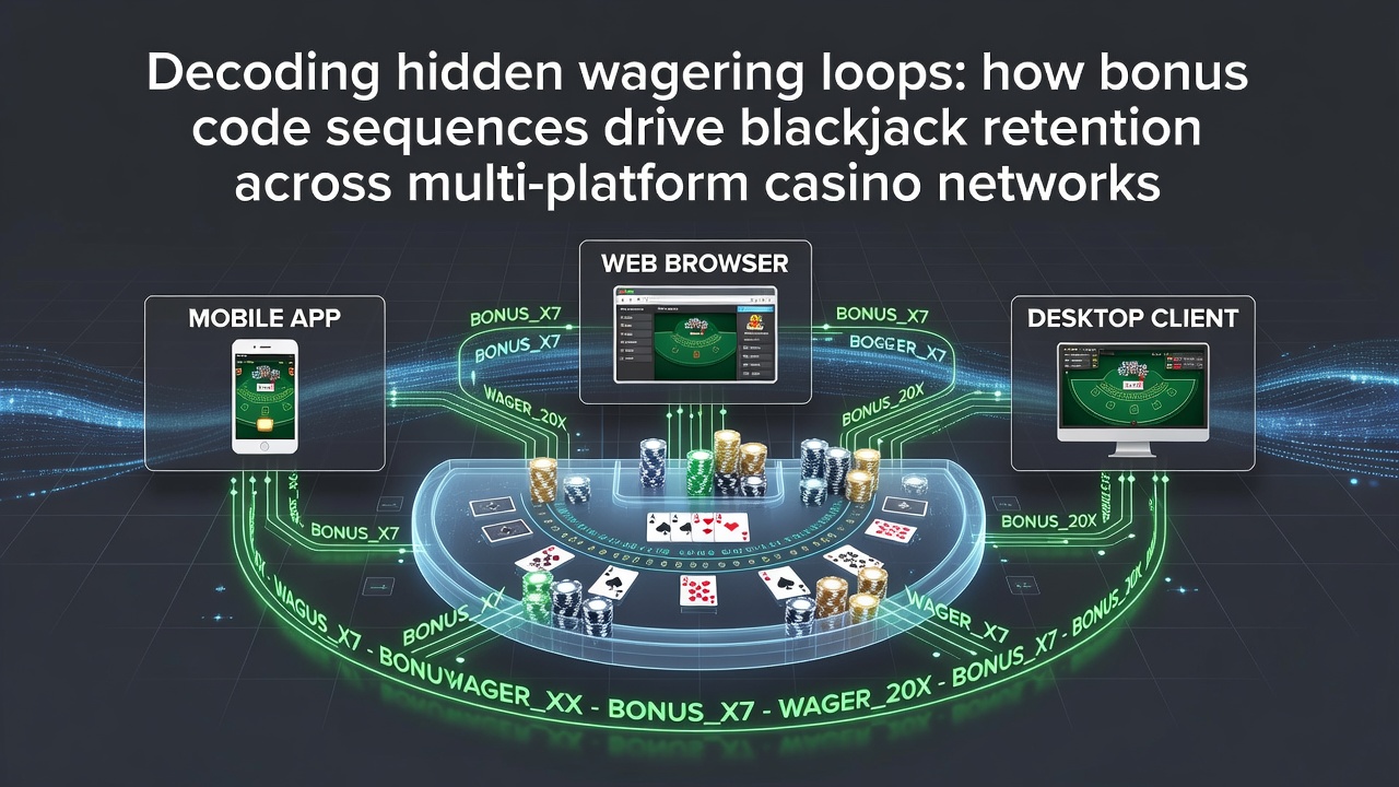 Diagram showing bonus code sequences flowing through interconnected casino platforms with player retention metrics