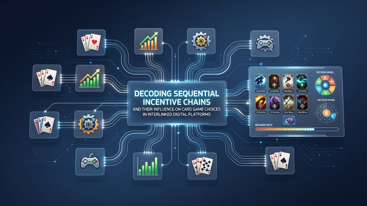 Diagram showing sequential incentive chains linking multiple digital card game platforms with bonus progression arrows