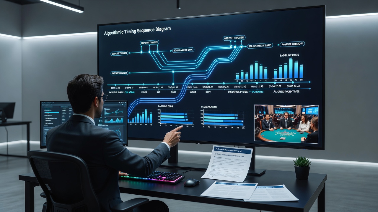 Illustration of multi-jurisdictional digital platform interfaces displaying synchronized blackjack tournament and bonus timing