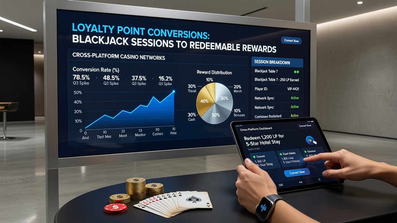 Blackjack table with digital loyalty point displays and reward redemption interface on a cross-platform casino network