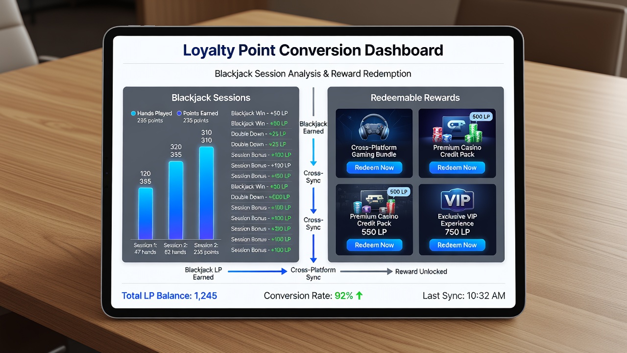 Player dashboard showing loyalty point balance conversion into casino rewards across multiple platforms