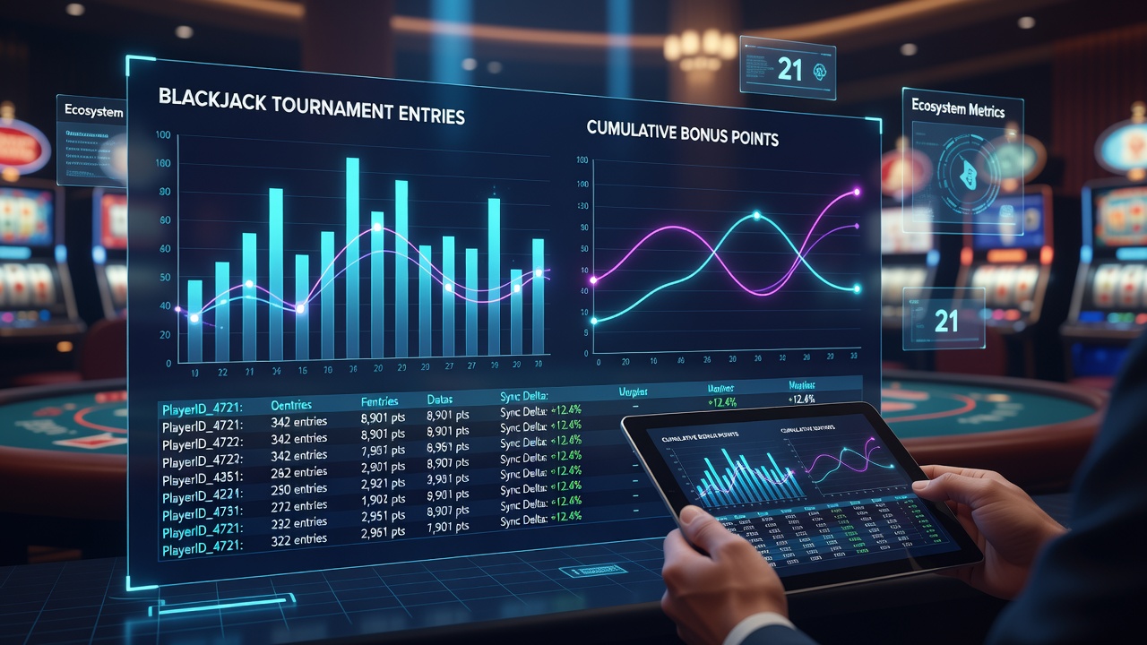 Data visualization showing synchronization between blackjack tournament entries and cumulative bonus points across virtual casino platforms