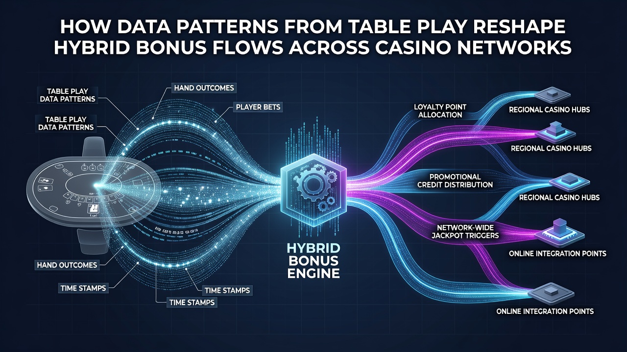 Network diagram illustrating data flow from physical tables to centralized hybrid bonus distribution engines