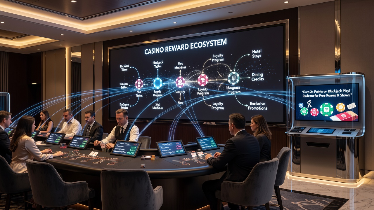 Diagram showing reward points flowing from blackjack tables to slots, online platforms, and partner venues