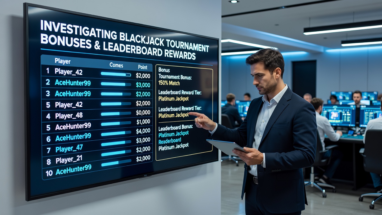 Online blackjack tournament screen displaying bonus chip awards and active leaderboard standings