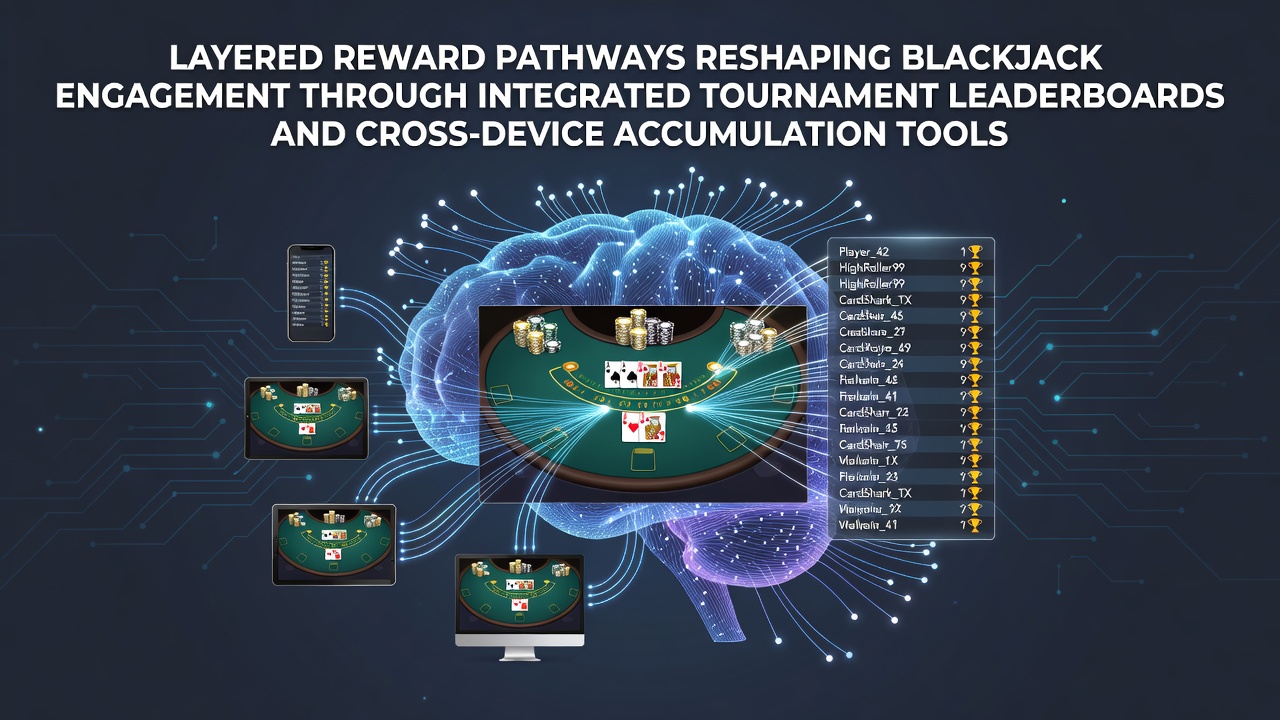Integrated tournament leaderboards displayed across multiple devices showing blackjack player rankings and accumulated rewards
