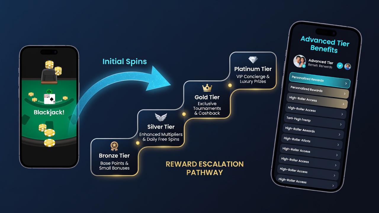Advanced VIP blackjack lounge interface with tier benefits highlighted on tablet device