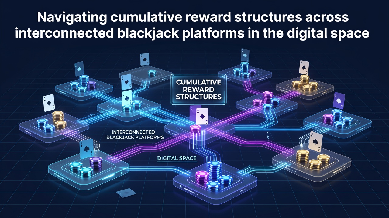 Illustration of interconnected digital blackjack platforms showing reward accumulation paths across multiple virtual tables and loyalty networks