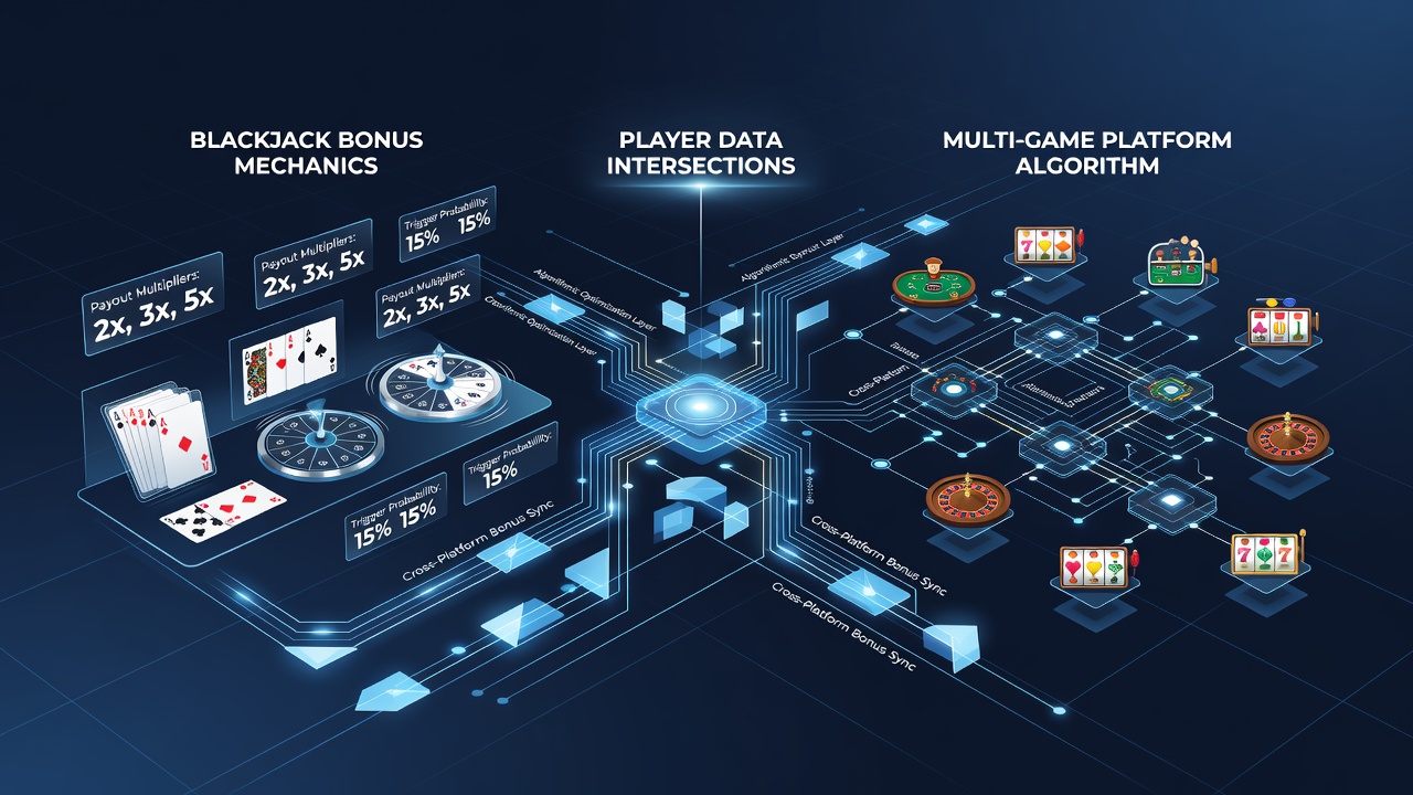 Multi-game casino platform algorithm flowchart illustrating blackjack and slot data intersections