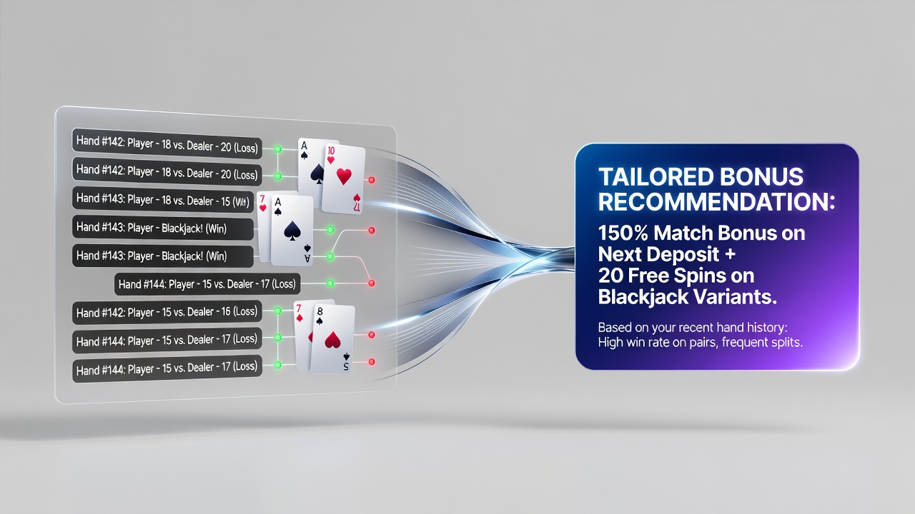 Blackjack player reviewing hand history on a digital interface with bonus offers displayed alongside