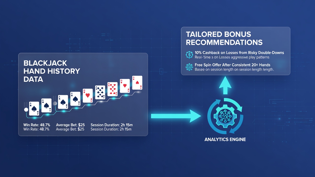 Analytics dashboard showing blackjack hand history metrics linked to personalized bonus suggestions