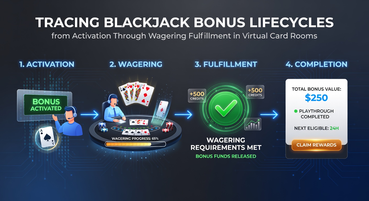 Diagram showing the stages of a blackjack bonus lifecycle from activation to wagering completion in online card rooms