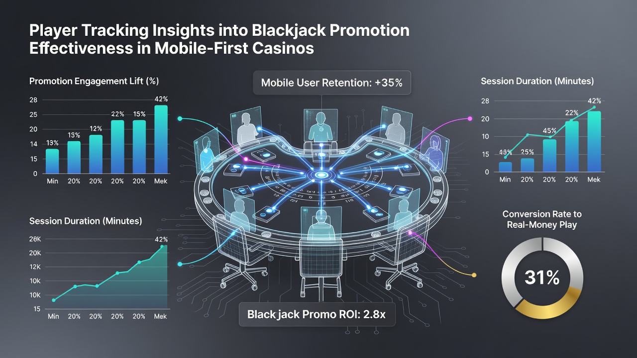 Mobile blackjack table interface with overlaid promotion tracking analytics