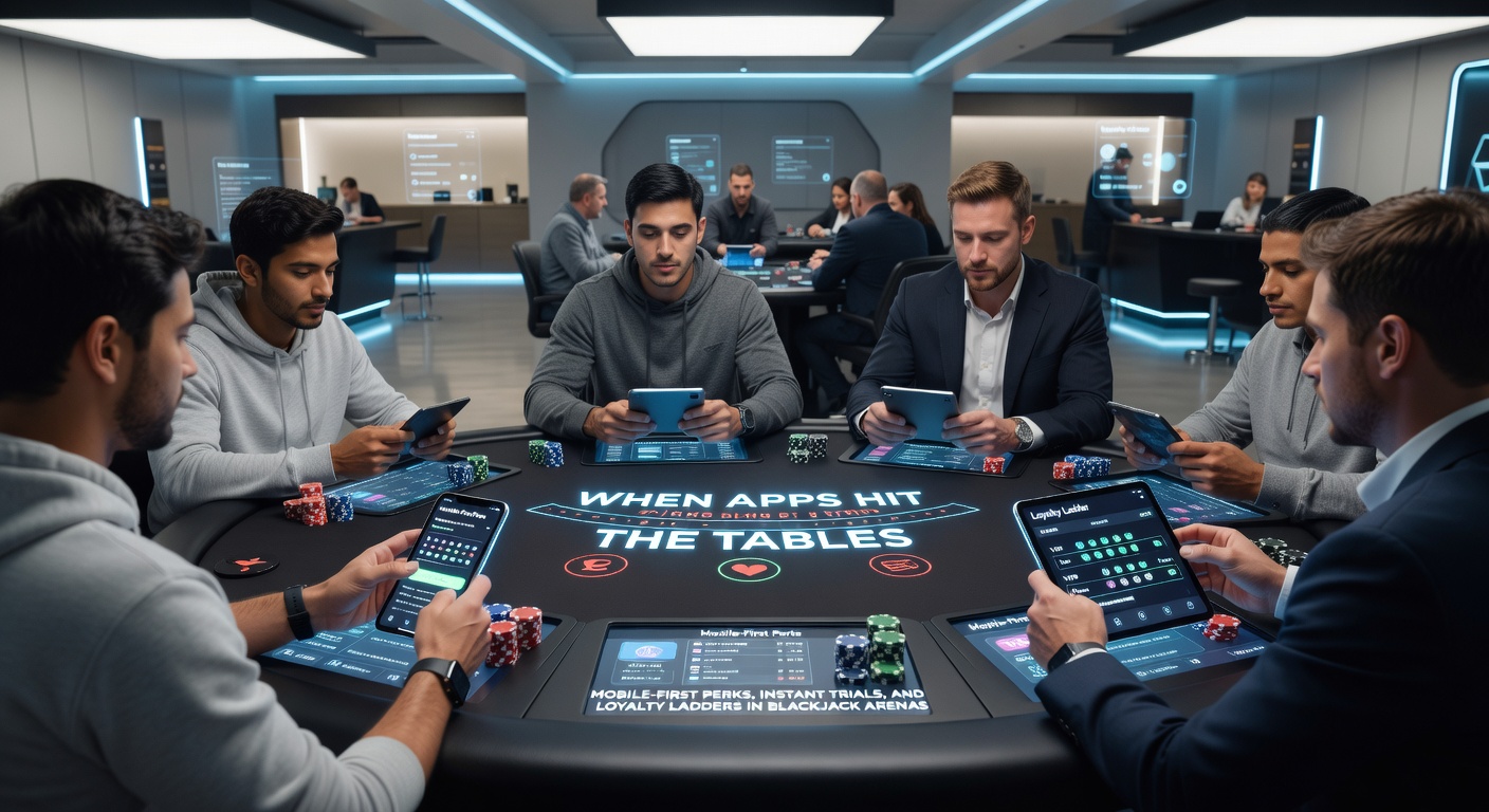 Smartphone displaying a blackjack app interface with cards and betting chips on a vibrant casino table background