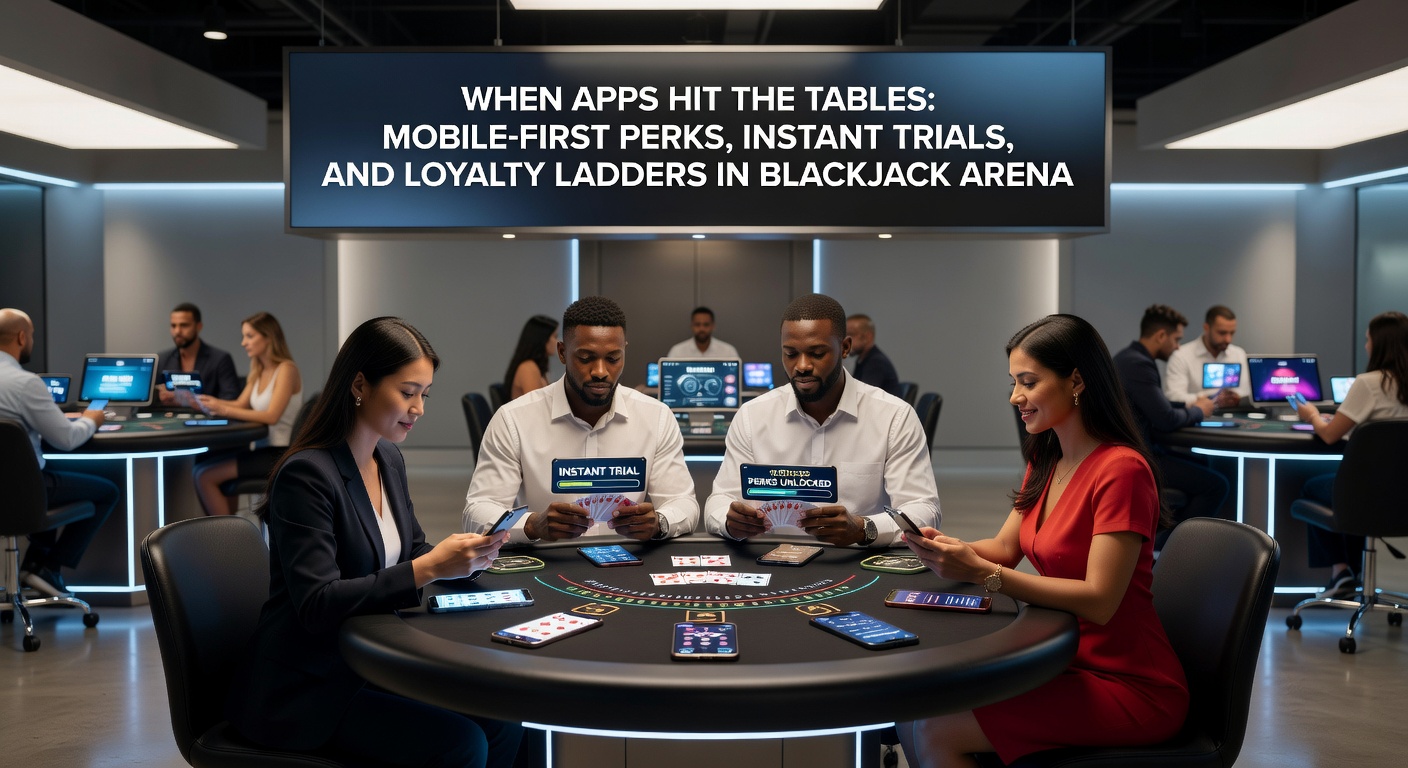 Player's hand holding a smartphone with a blackjack demo mode open, showing free chips and a live dealer stream